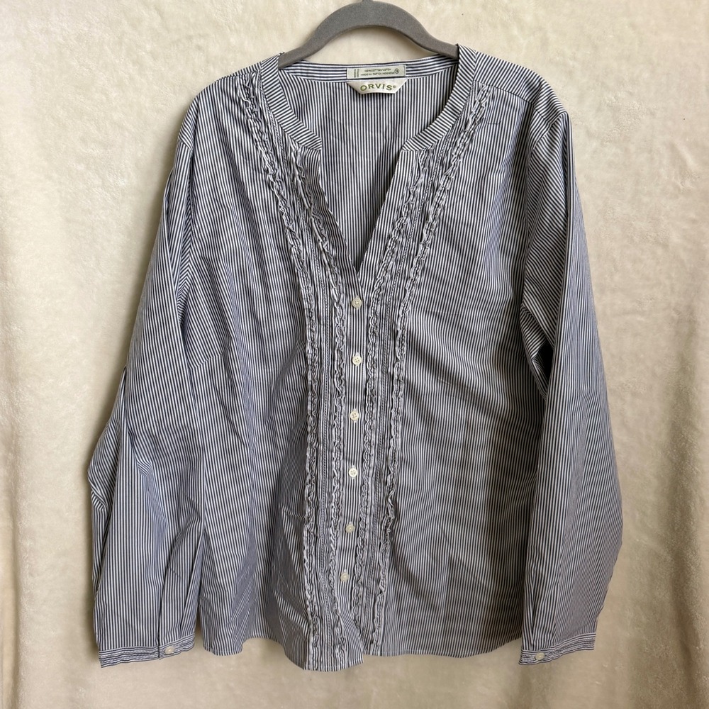 Orvis Navy White Pinstripe Ruffle Trim 100% Cotton Button Front Blouse Sz 18